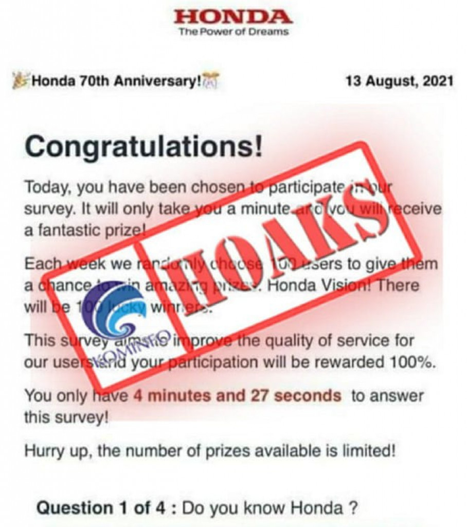 [HOAKS] Honda Bagi-Bagi Hadiah Rayakan HUT ke-70